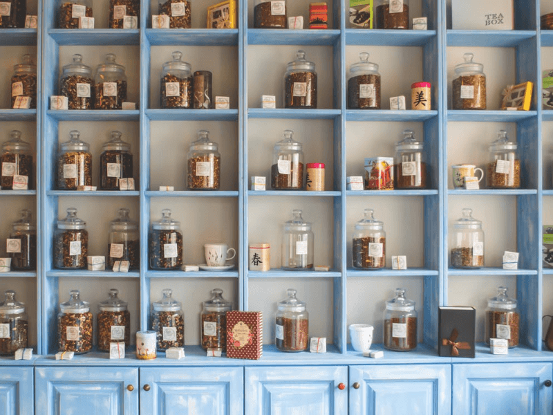 A shelf of assorted herbal medicines and remedies