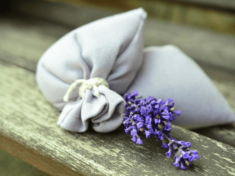A close up view of a dream pillow with Lavender