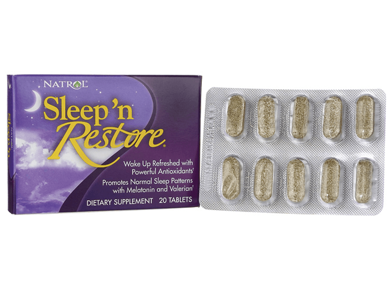 Natrol Sleep ‘N Restore package and 10-tablet blister pack on white background
