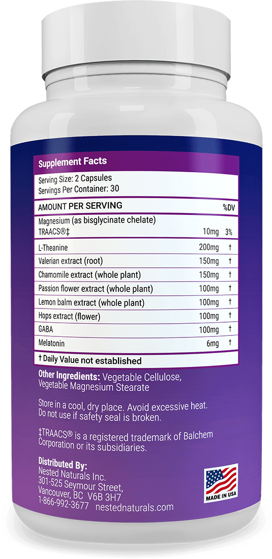 back of sleep aid Nested Naturals LUNA bottle showing supplement facts