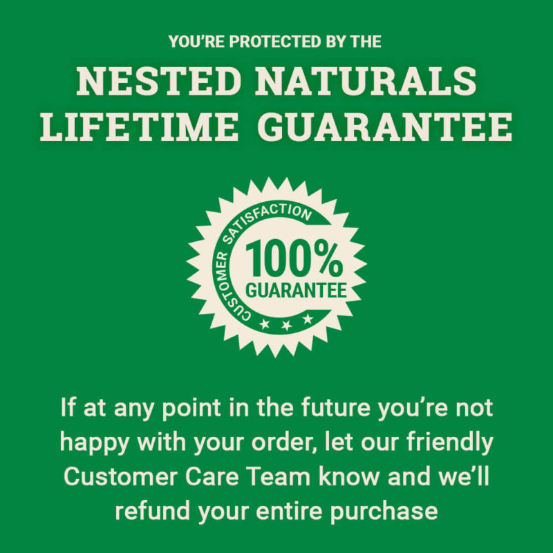 Nested Naturals lifetime guarantee text description on green background
