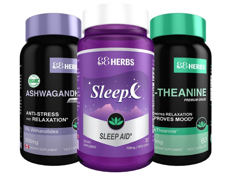 88Herbs Ashwagandha, Sleep-X and L-Theanine bottles on white background