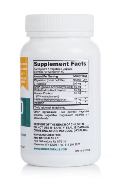 back of RMB Naturals Restorative Sleep Formula bottle showing supplement facts