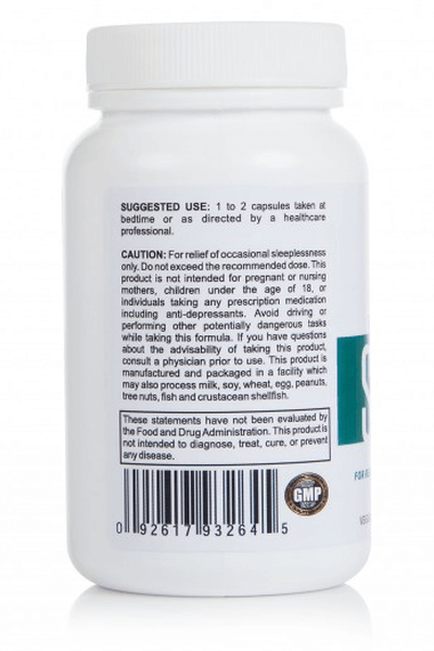 back of RMB Naturals Restorative Sleep Formula bottle showing warnings and dosage