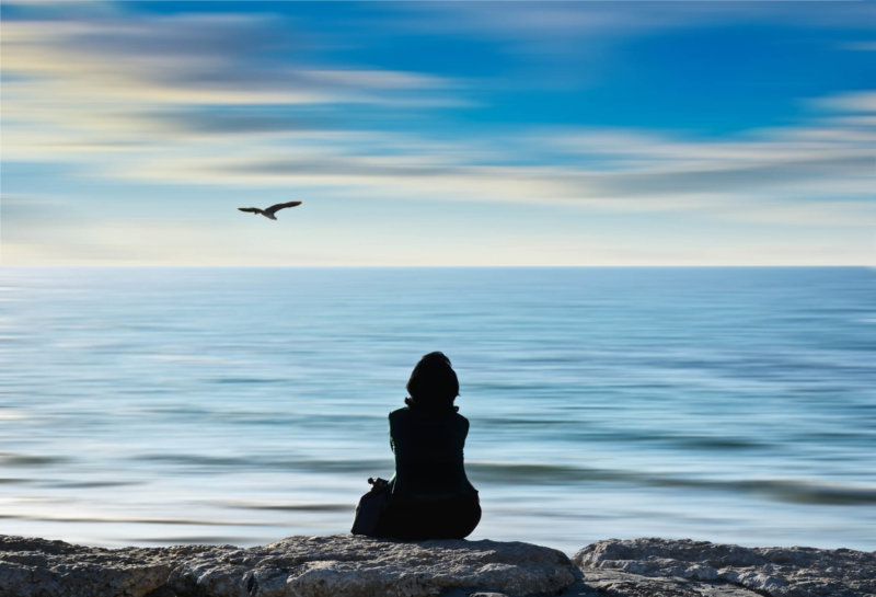 silhouette of person sitting on rocks overlooking ocean with bird in sky